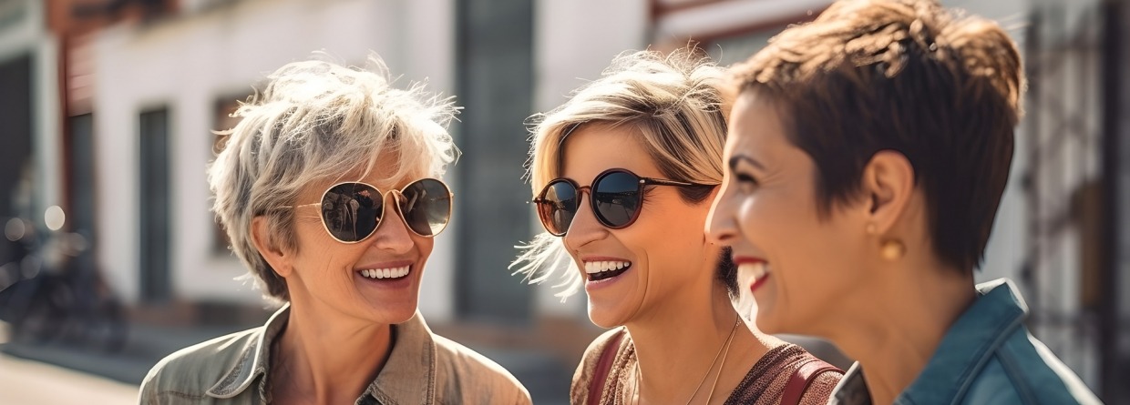 een foto van drie diverse volwassen vrouwen van middelbare leeftijd in moderne, stijlvolle kleding die in de zomer